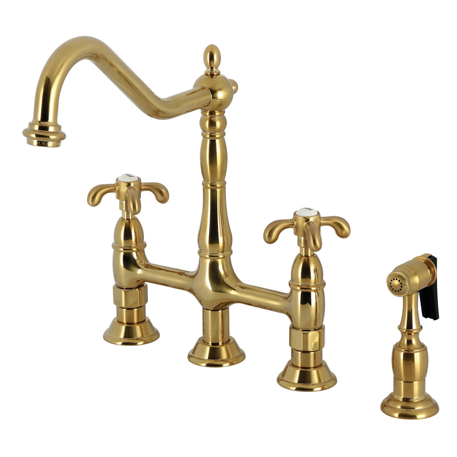 Kingston Heirloom KS1277TXBS - French Country Two-Handle 4-Hole Deck Mount Bridge Kitchen Faucet with Brass Sprayer, Brushed Brass — image 1